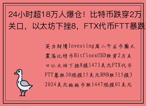 24小时超18万人爆仓！比特币跌穿2万关口，以太坊下挫8，FTX代币FTT暴跌30 提供者 In
